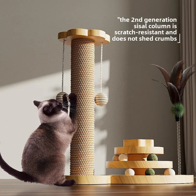 Wooden Cat Scratching Post with Play Pole