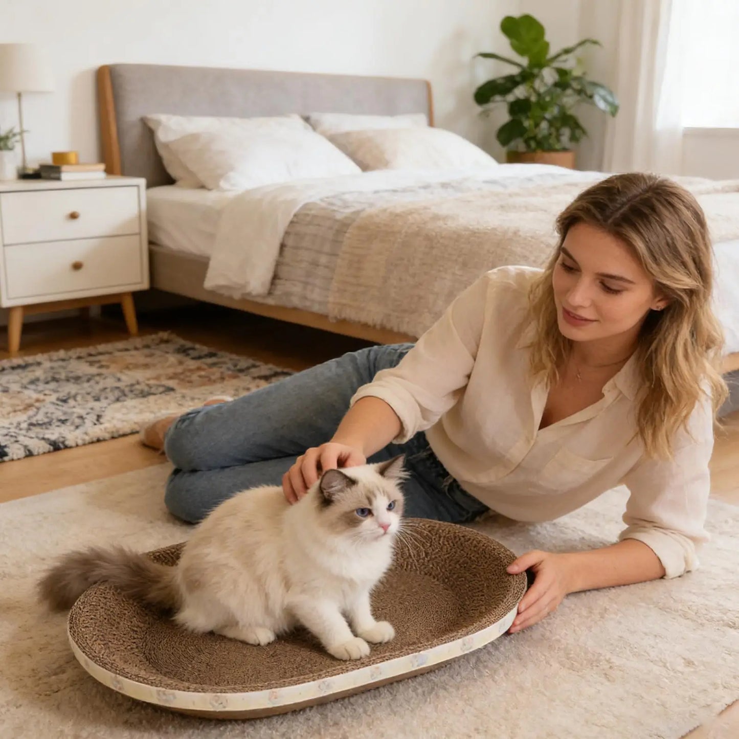 Petzrella 2-in-1 Ovaler Kratzbaum aus Karton und Liegebett für Katzen