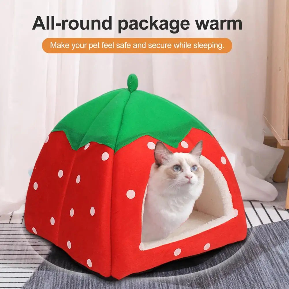 Strawberry-Shaped Cozy Cat Bed House