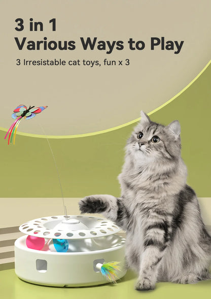 3-in-1 Interactive Cat Toy with Rotating Feather & Balls