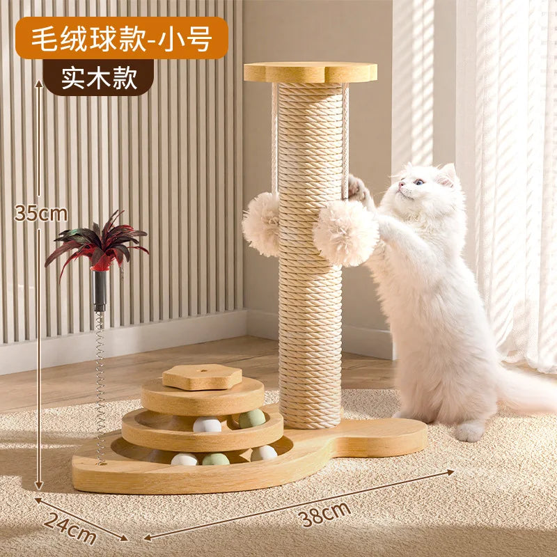 Wooden Cat Scratching Post with Play Pole