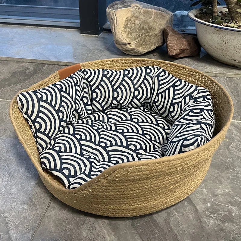 Breathable Cotton Pet Bed with Woven Basket Design