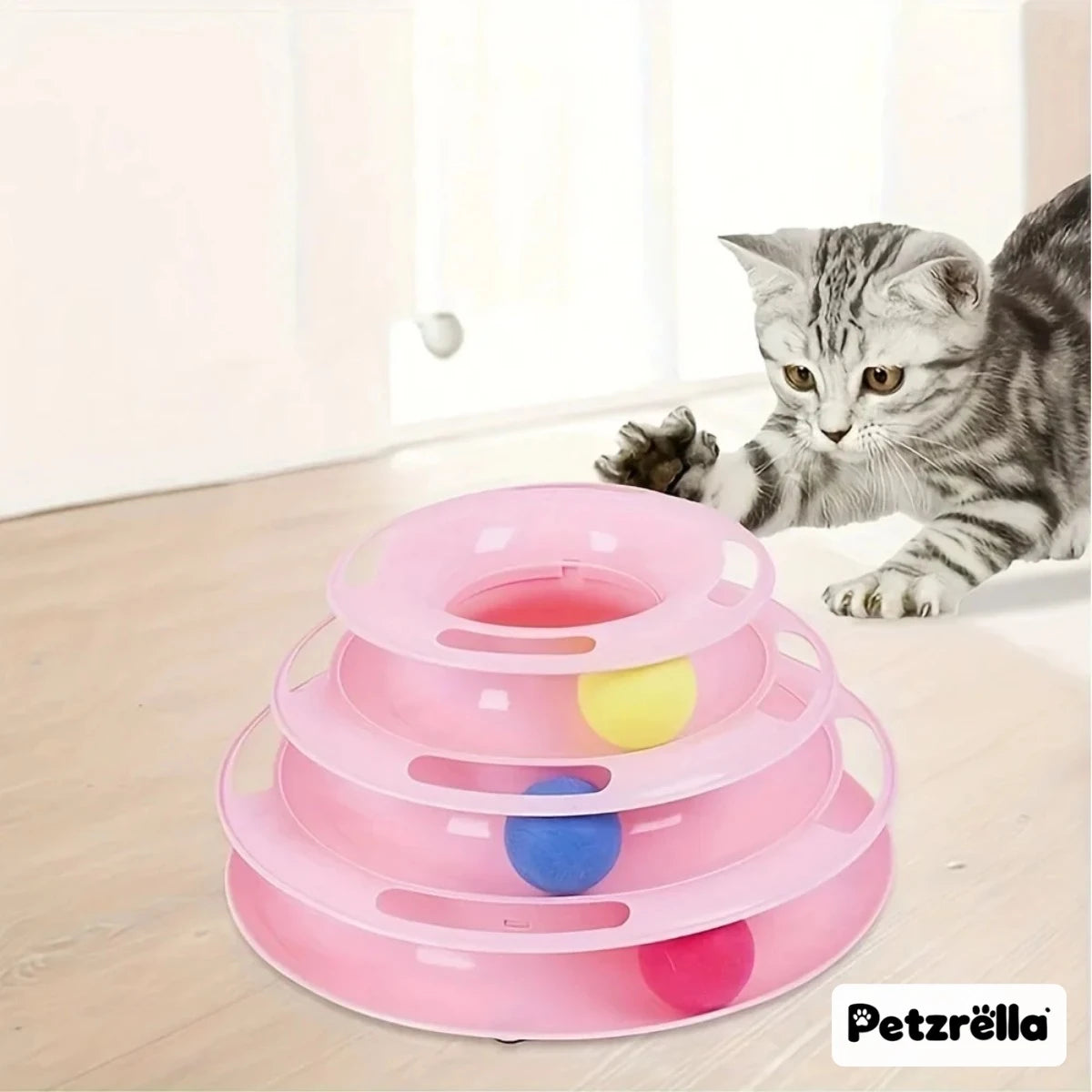 Petzrella Cat Toy Tower – 3-Level Track with Rolling Balls