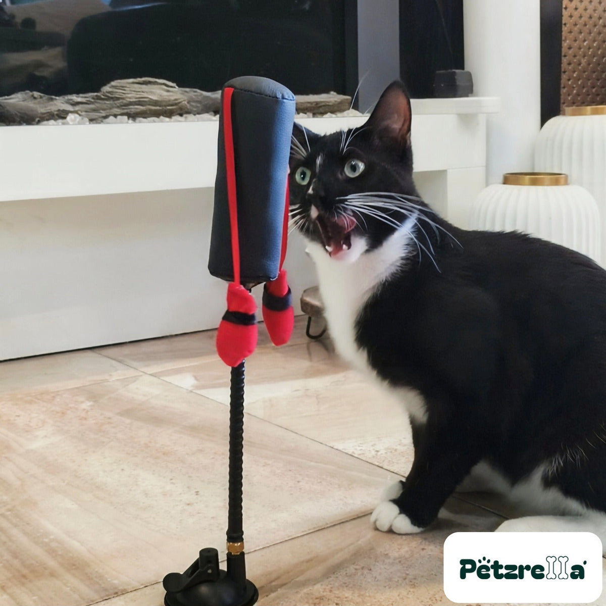 Tuxedo cat sitting beside the Petzrella Suction Cup Boxing Toy standing upright on its suction base