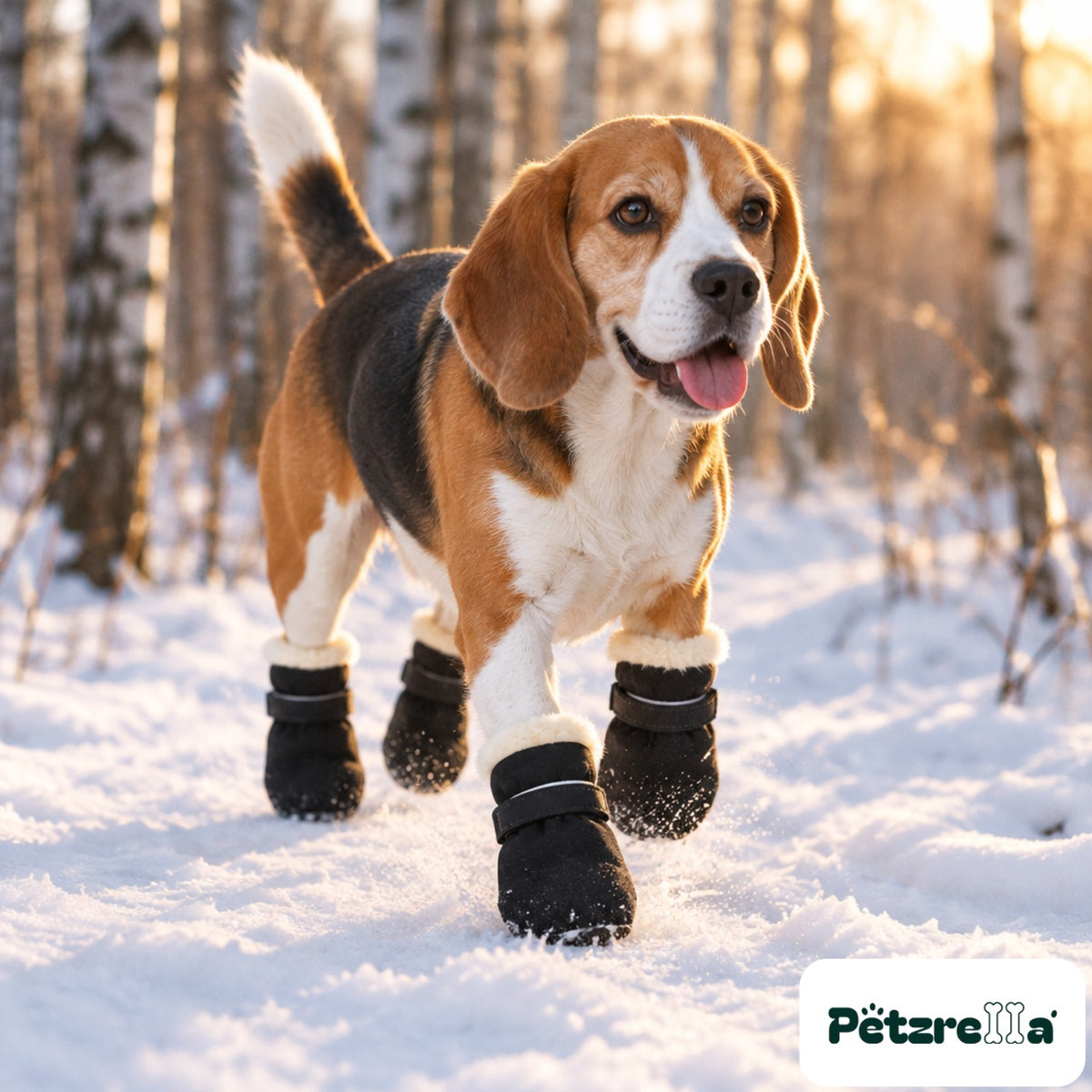 Petzrella Winter Snow Boots for Dogs - Black, worn by a beagle on a snowy forest path