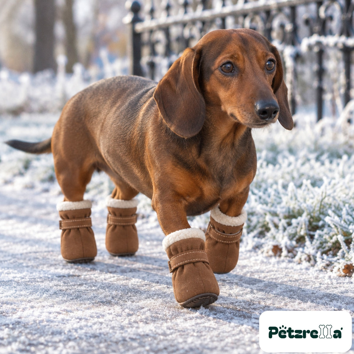 Petzrella Winter Snow Boots for Dogs - Brown, worn by a dachshund on a frosty park path