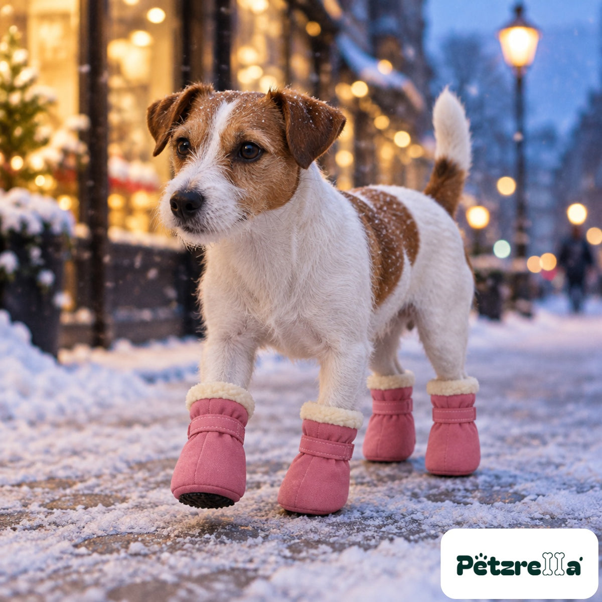 Petzrella Winter Snow Boots for Dogs - Pink, worn by a jack russell on a snowy city pavement