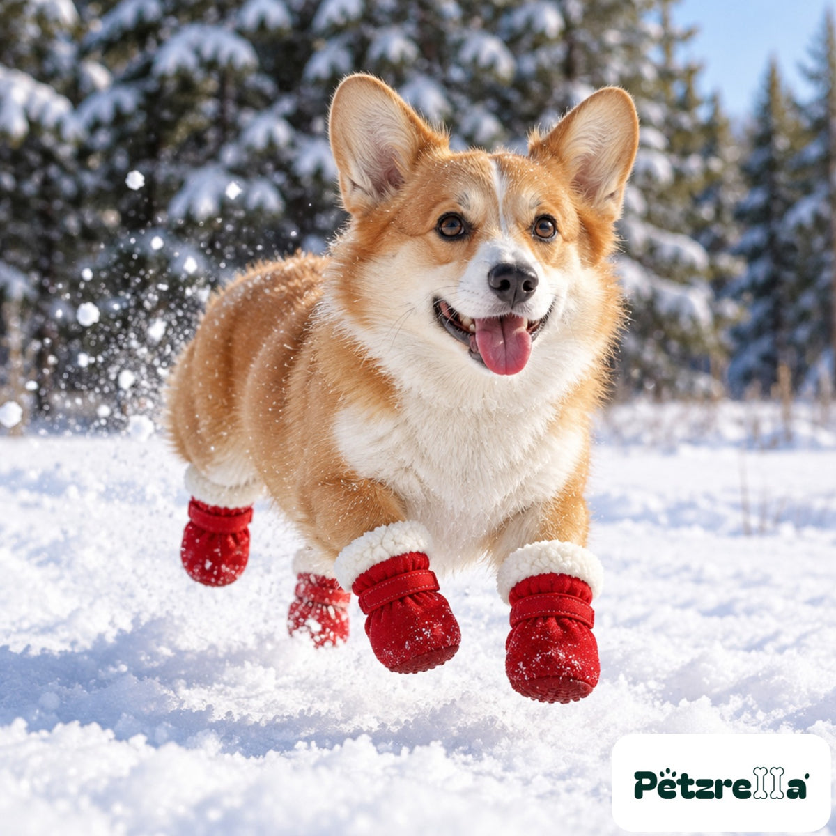 Petzrella Winter Snow Boots for Dogs - Red, worn by a corgi running through snow