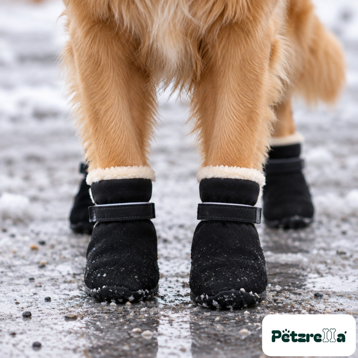 Petzrella Winter Snow Boots for Dogs - close-up of the straps and anti-slip sole on ice