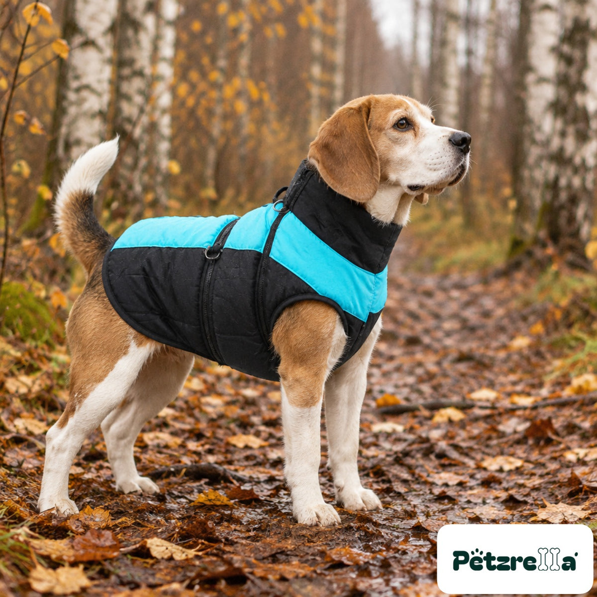 Petzrella Waterproof Winter Dog Coat on a beagle in autumn woodland