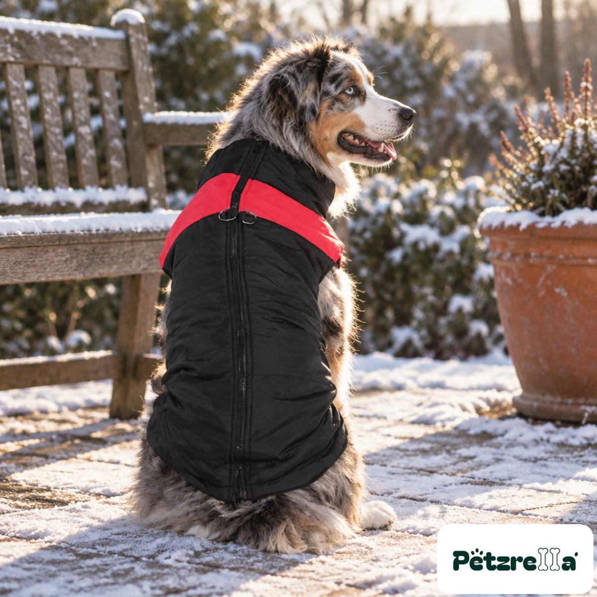 Petzrella Waterproof Winter Dog Coat on an Australian Shepherd in snow