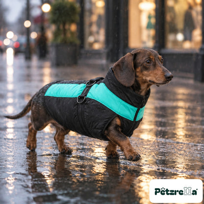 Petzrella Waterproof Winter Dog Coat on a dachshund on a wet street