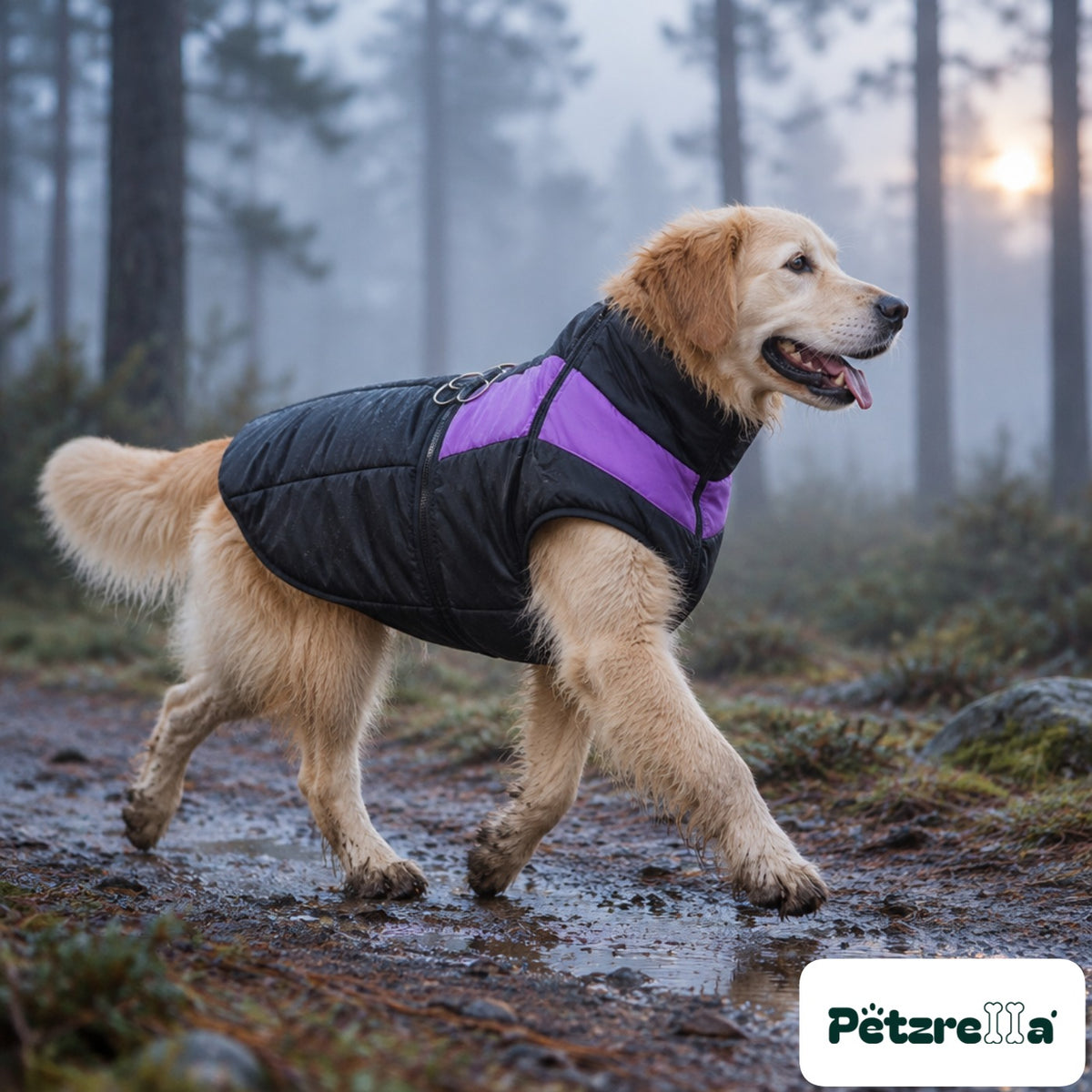 Petzrella Waterproof Winter Dog Coat on a Golden Retriever in misty forest