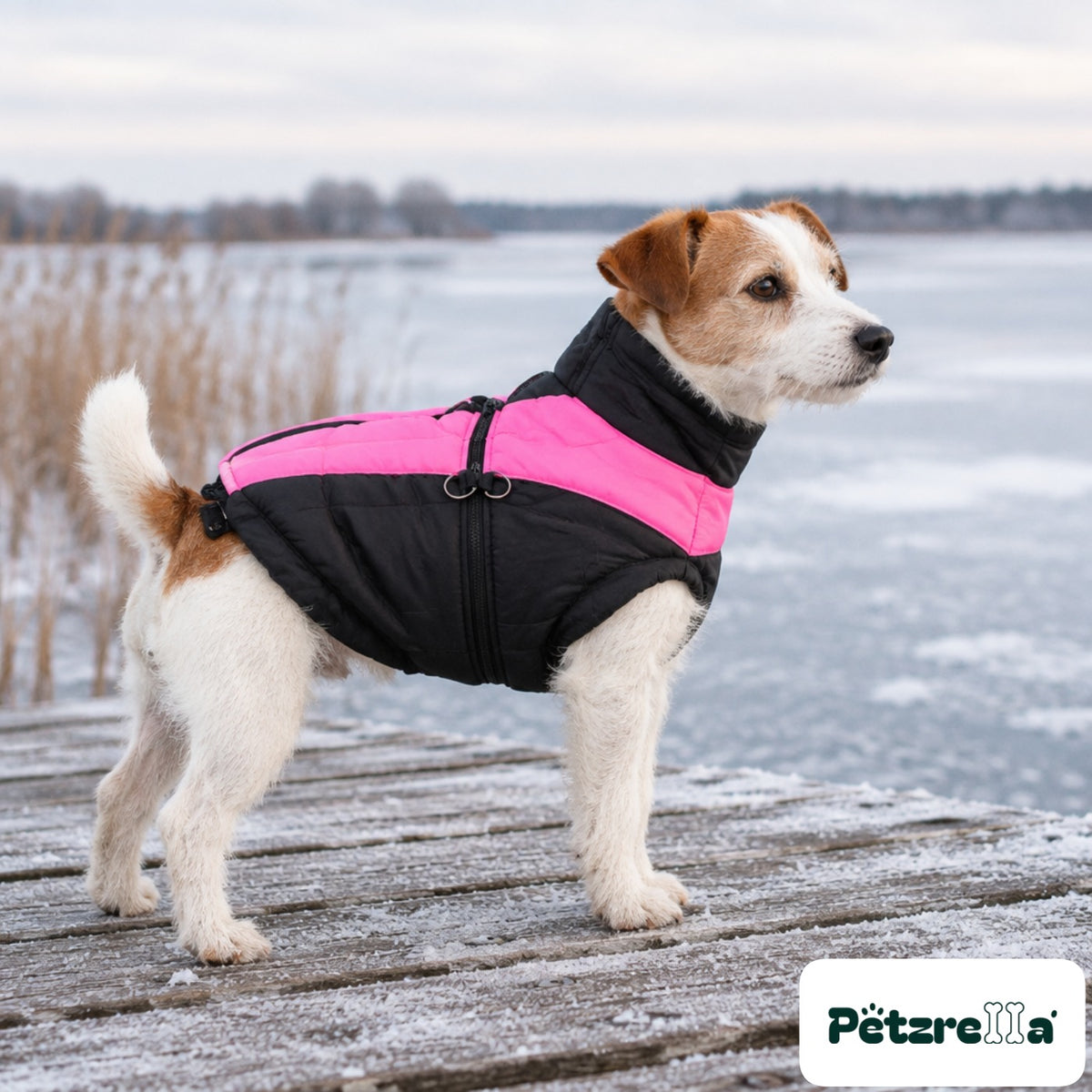 Petzrella Waterproof Winter Dog Coat on a Jack Russell by a frozen lake