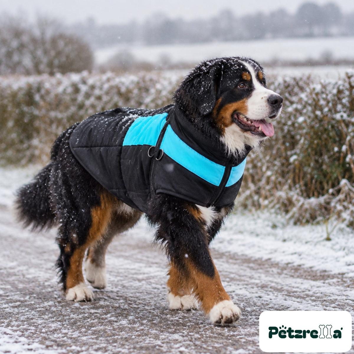 Petzrella Waterproof Winter Dog Coat on a Bernese Mountain Dog in snowfall
