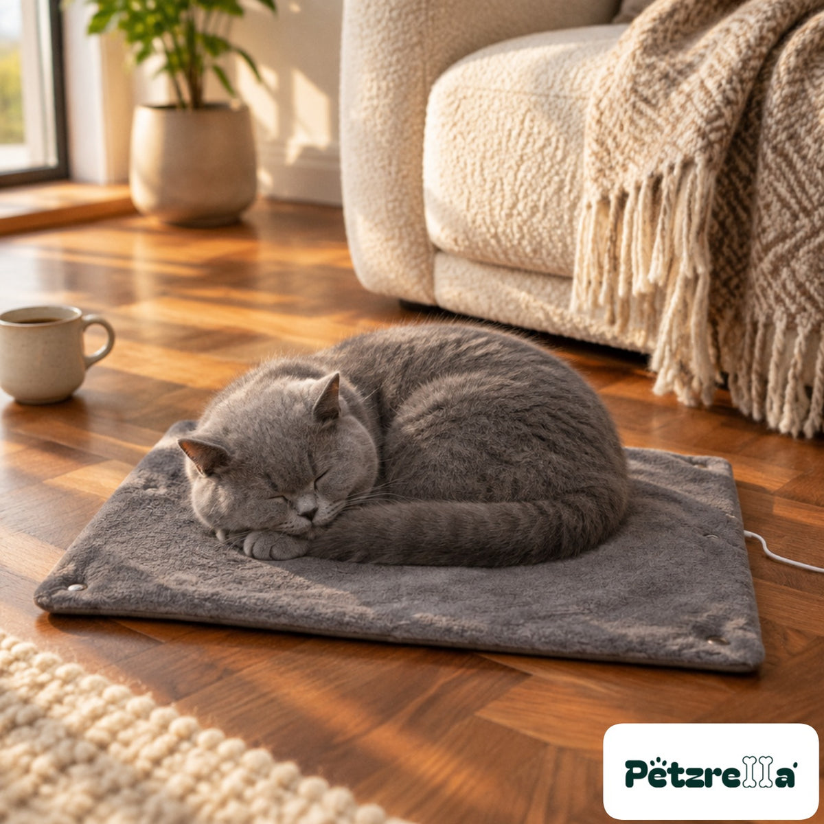Petzrella USB Heated Pet Blanket with a grey cat asleep on it