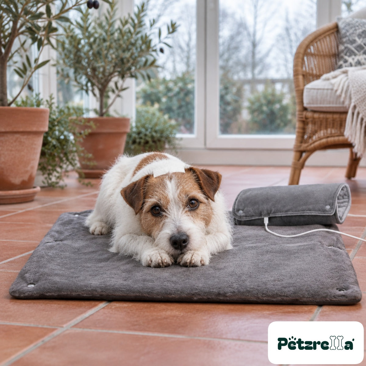 Petzrella USB Heated Pet Blanket with a small terrier lying on it