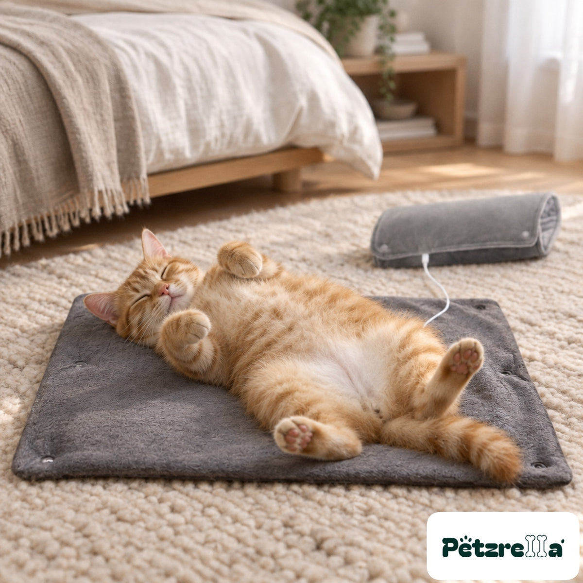 Petzrella USB Heated Pet Blanket with a ginger cat stretching on it