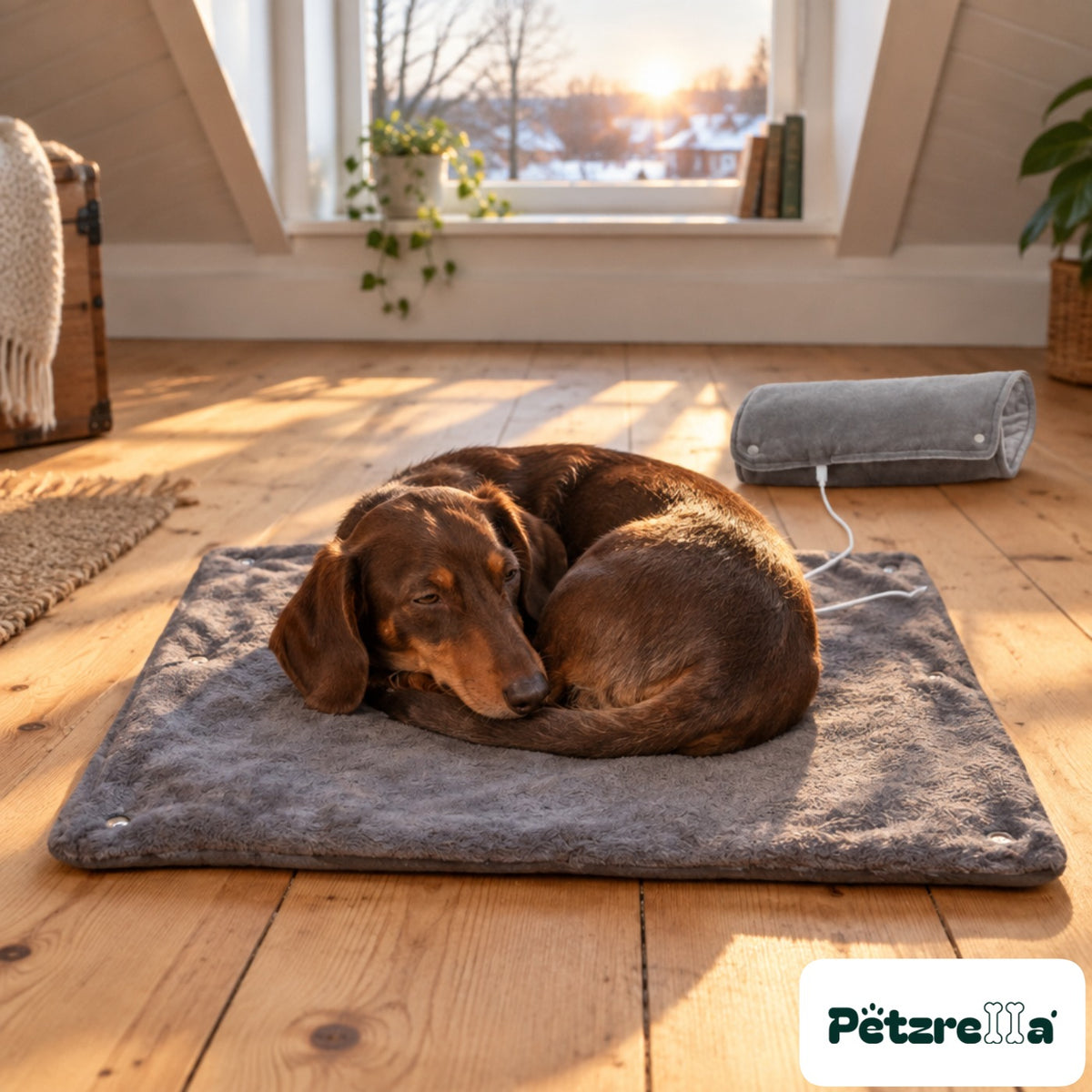 Petzrella USB Heated Pet Blanket with a dachshund curled up on it