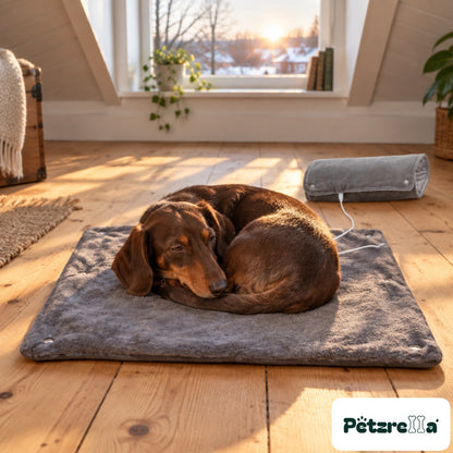 Petzrella USB Heated Pet Blanket with a dachshund curled up on it