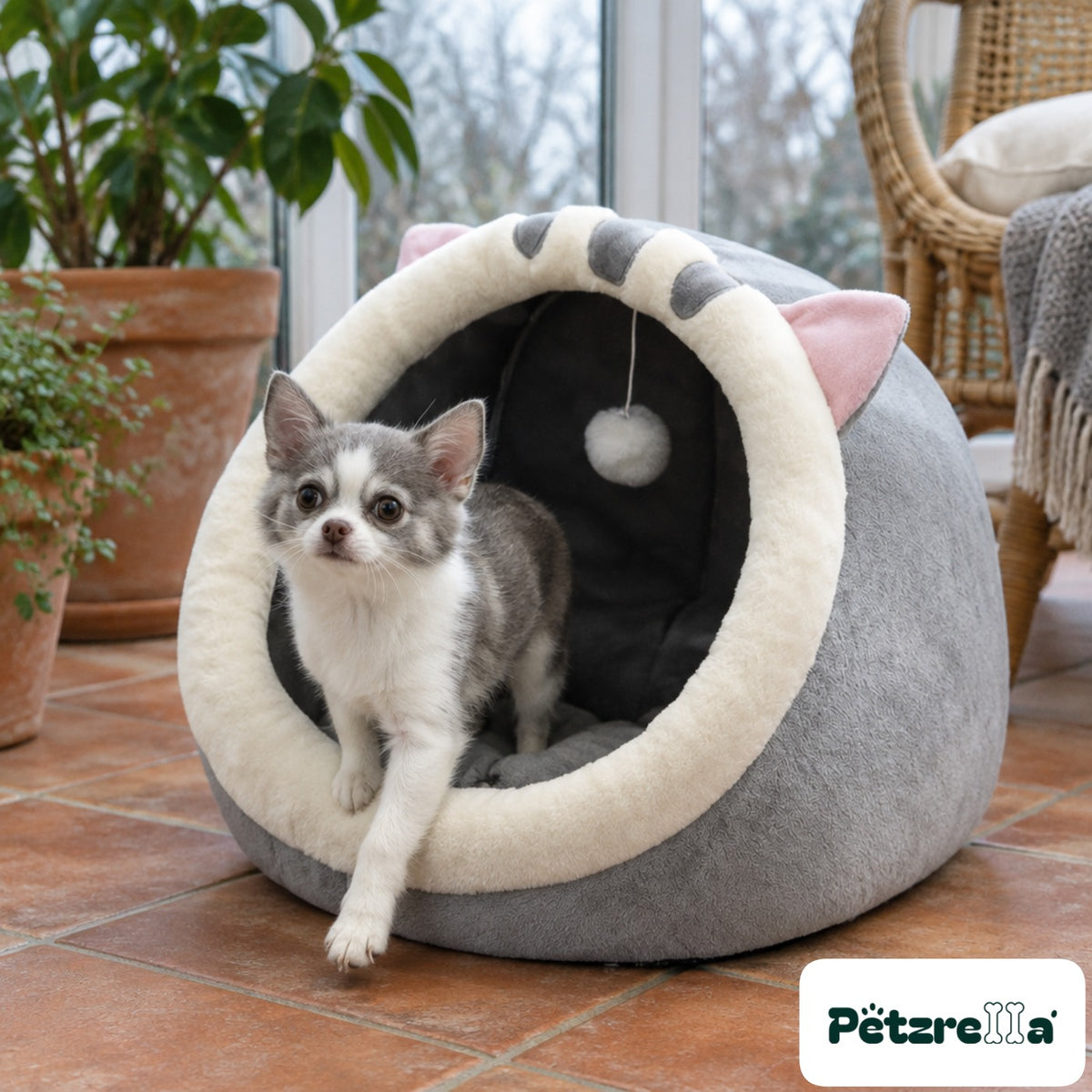Petzrella Cosy Cat Cave Bed with a small pet stepping out of it