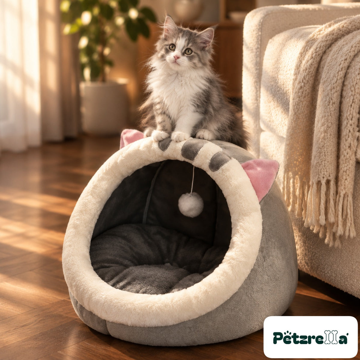 Petzrella Cosy Cat Cave Bed with a fluffy kitten sitting on top