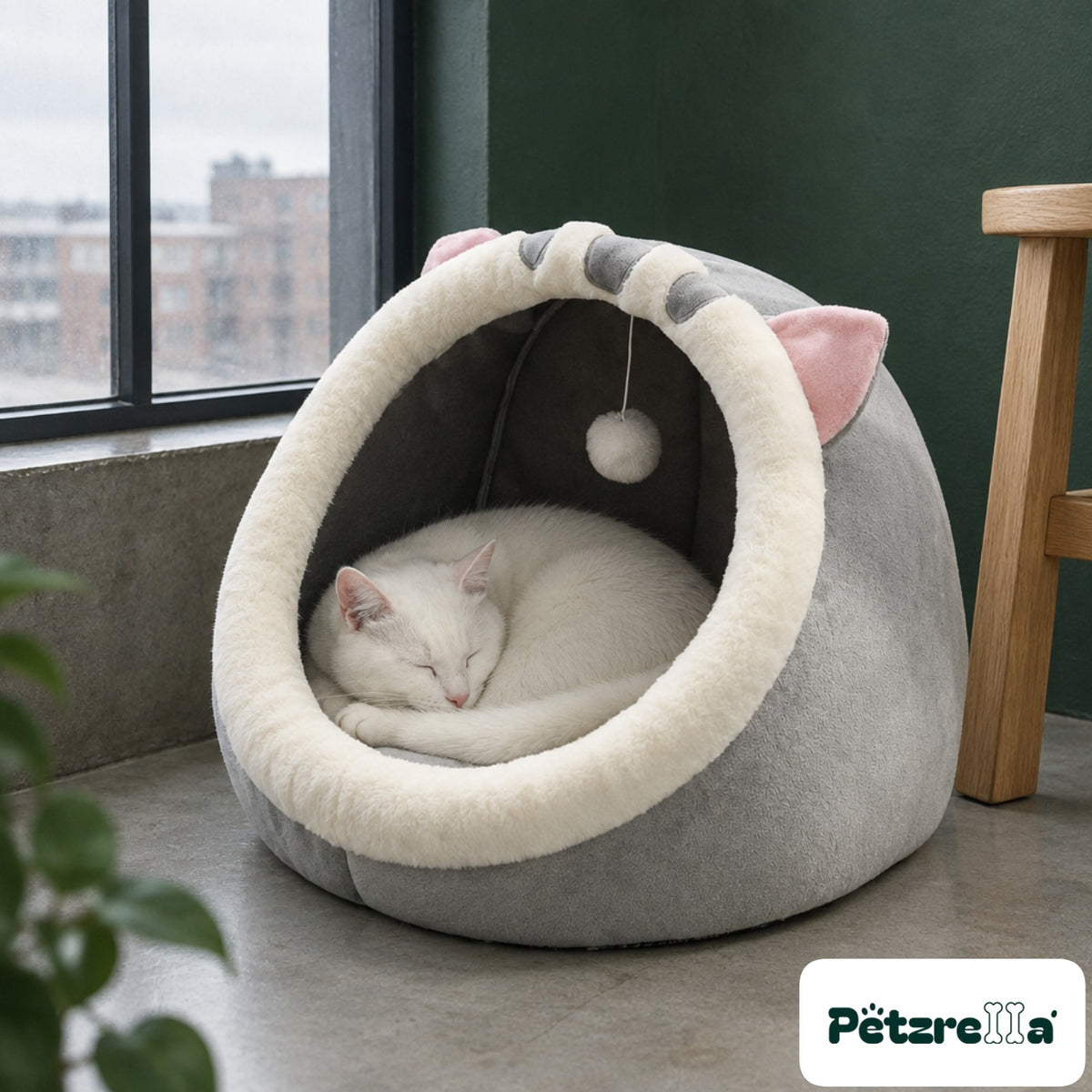 Petzrella Cosy Cat Cave Bed with a white cat curled asleep inside
