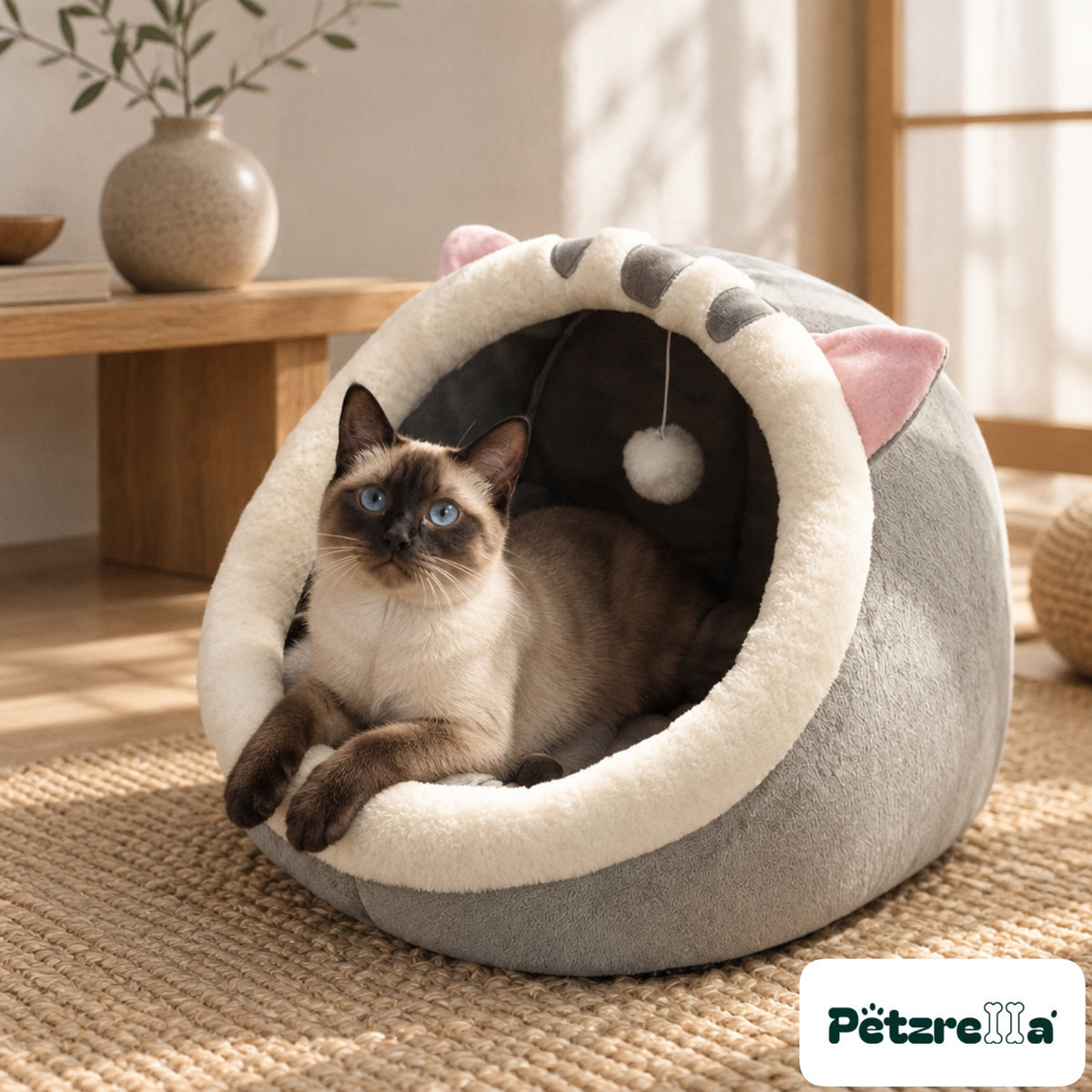 Petzrella Cosy Cat Cave Bed with a Siamese cat lying in the opening