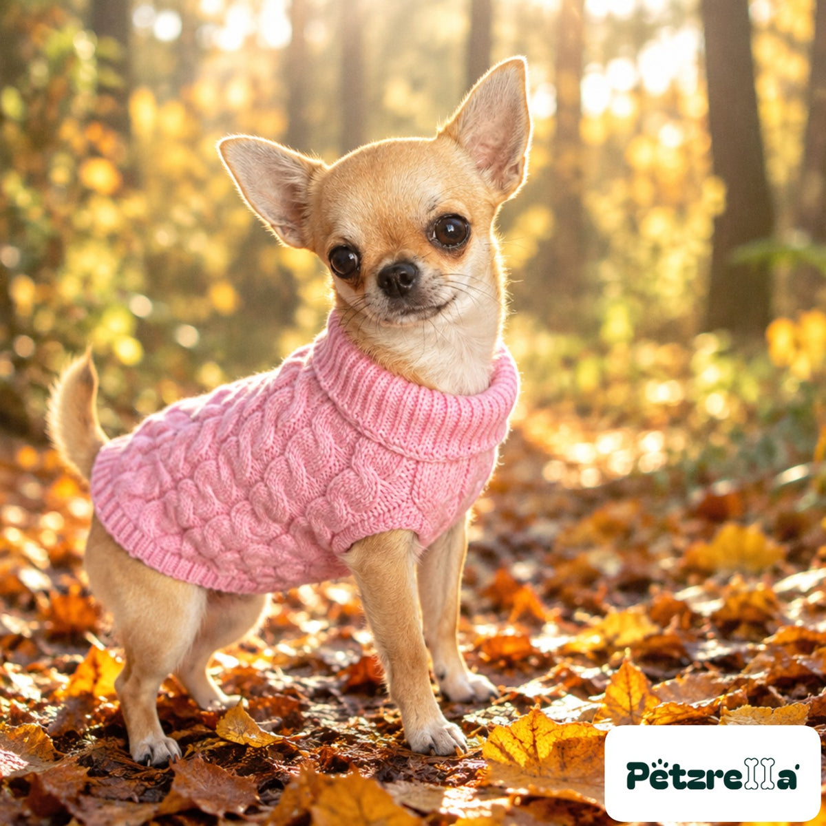 Petzrella Knitted Dog Sweater on a small dog on an autumn woodland path