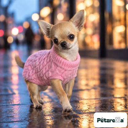 Petzrella Knitted Dog Sweater on a chihuahua on a wet street at dusk