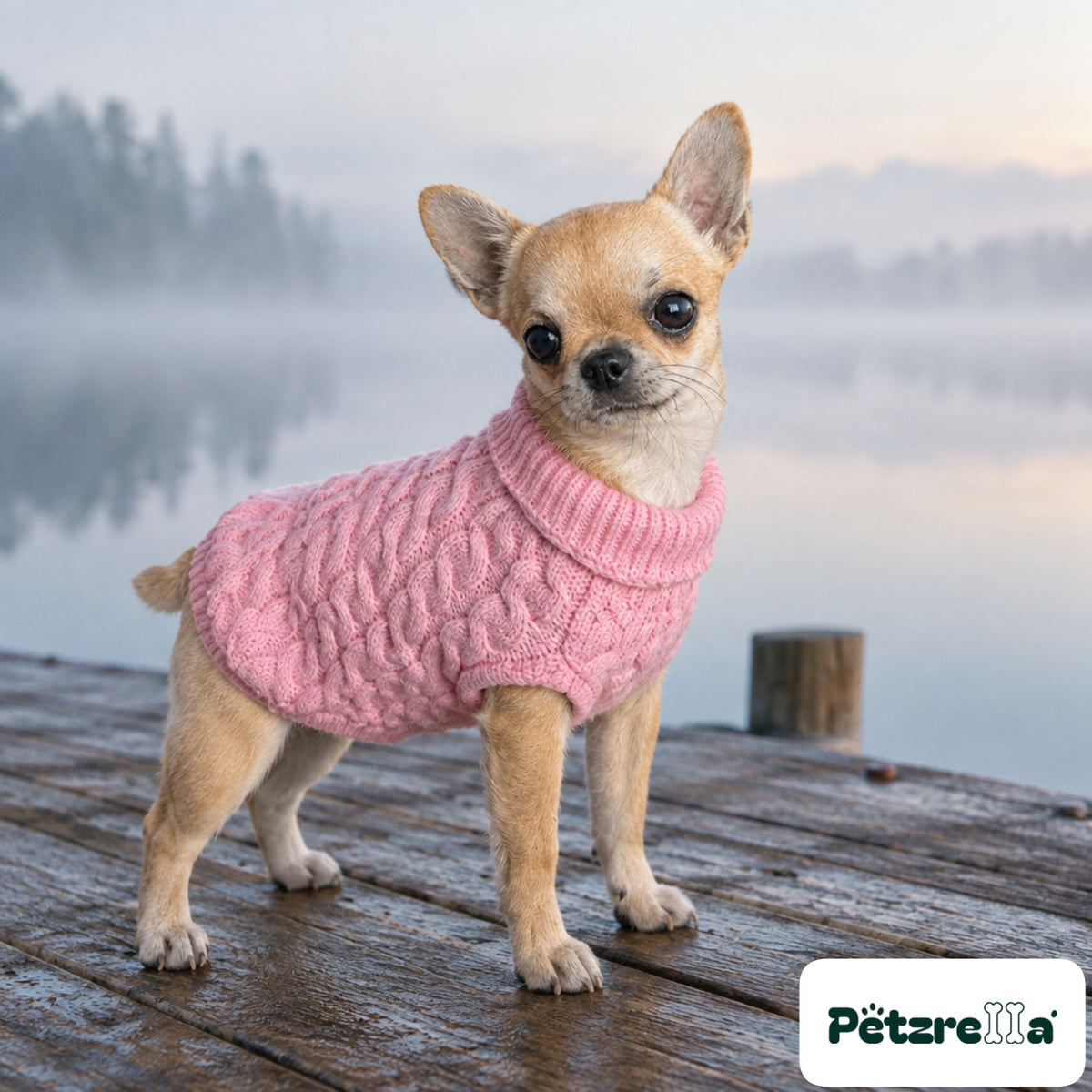 Petzrella Knitted Dog Sweater on a small dog on a lake jetty in mist
