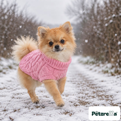 Petzrella Knitted Dog Sweater on a Pomeranian in light snowfall