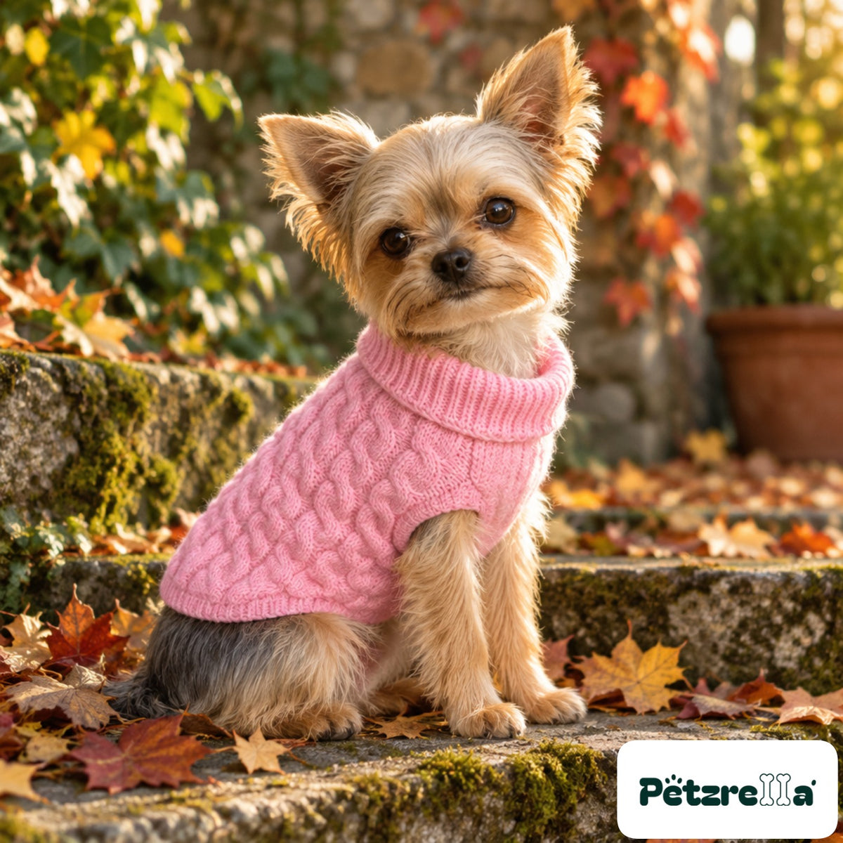 Petzrella Knitted Dog Sweater on a Yorkshire Terrier in an autumn garden