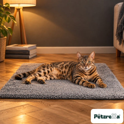Petzrella Self-Heating Pet Mat with a Bengal cat stretched out on it