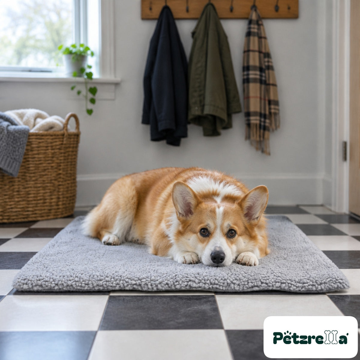 Petzrella Self-Heating Pet Mat with a corgi lying on it