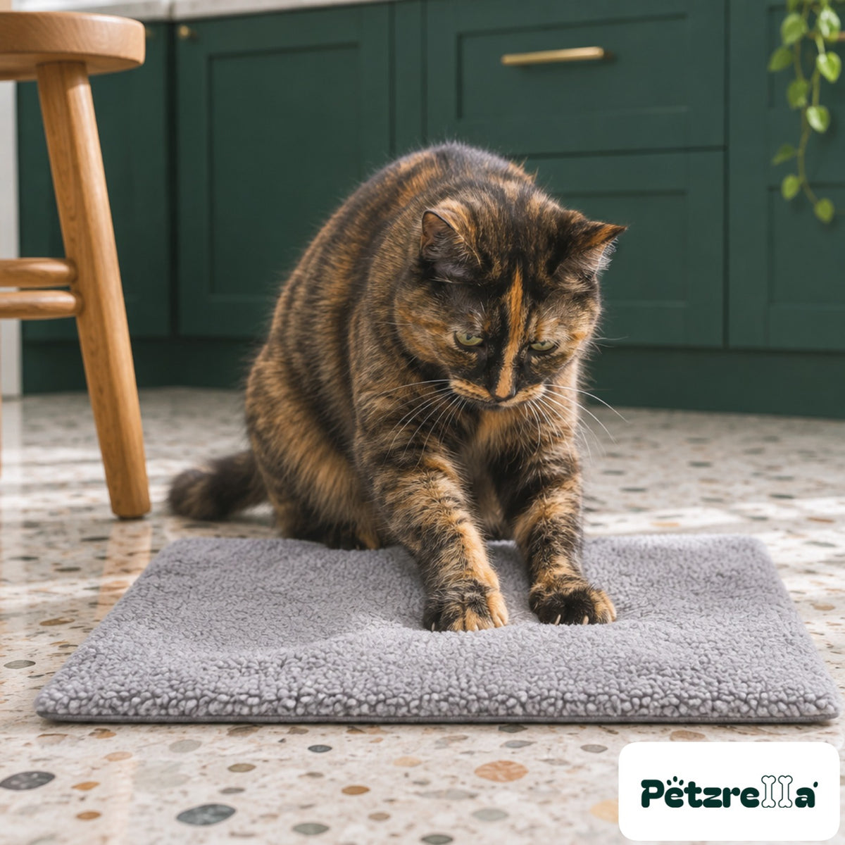 Petzrella Self-Heating Pet Mat with a tortoiseshell cat kneading it