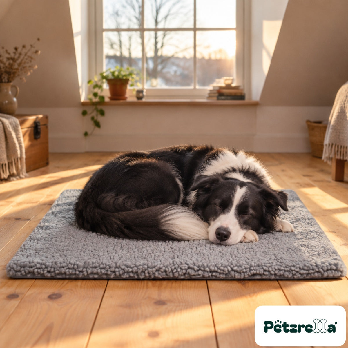 Petzrella Self-Heating Pet Mat with a Border Collie asleep on it
