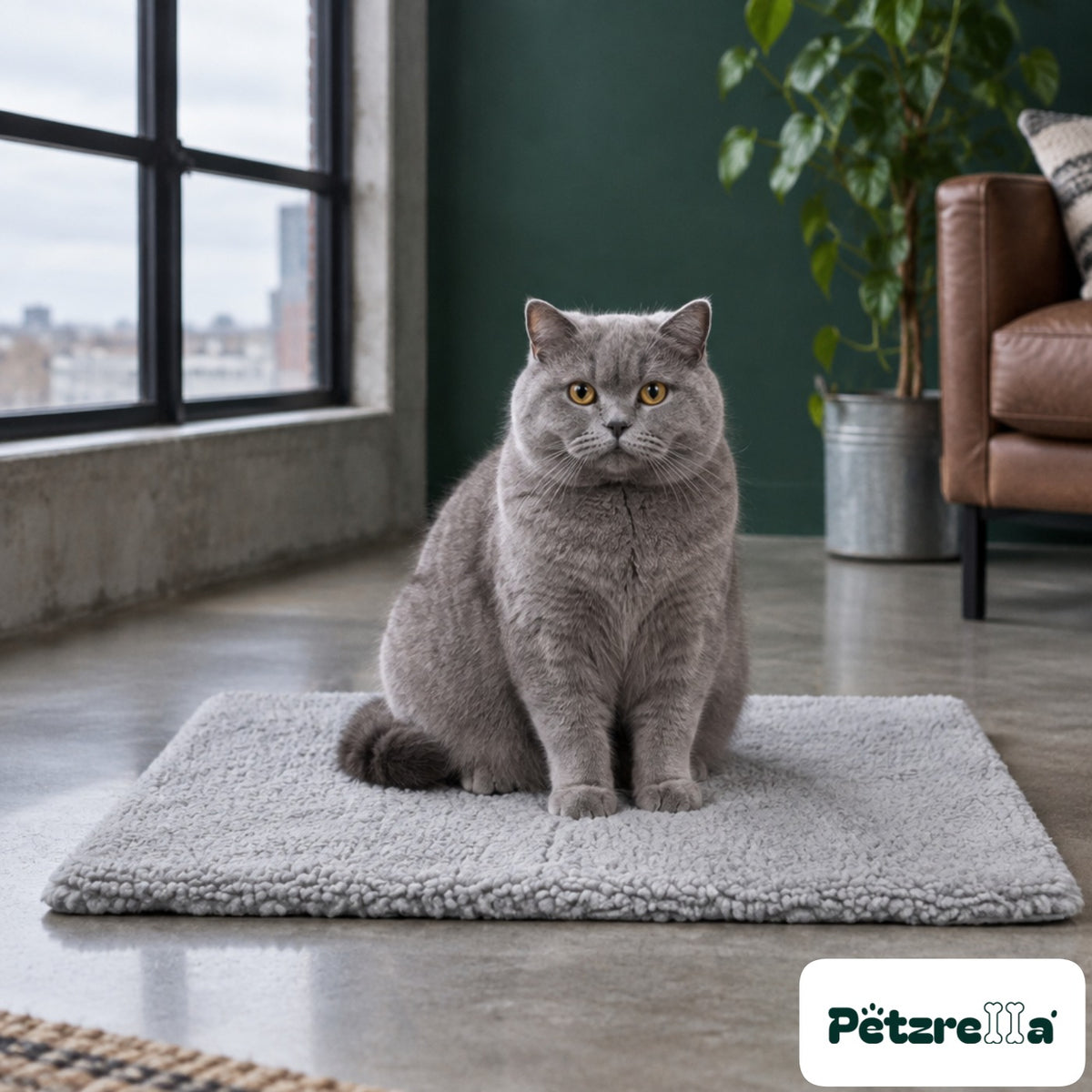 Petzrella Self-Heating Pet Mat with a British Shorthair cat sitting on it