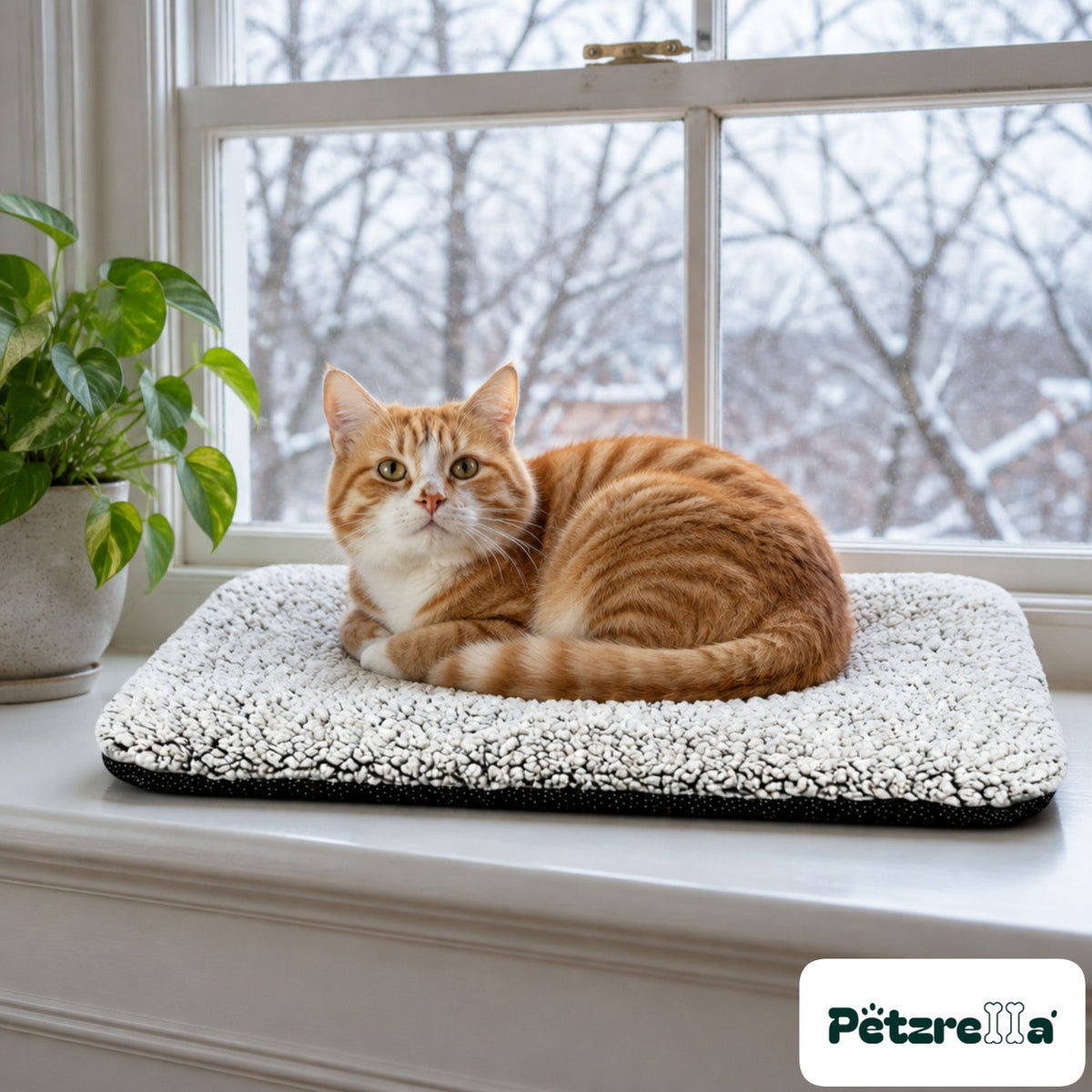 Petzrella Self-Heating Pet Blanket on a windowsill with a ginger cat