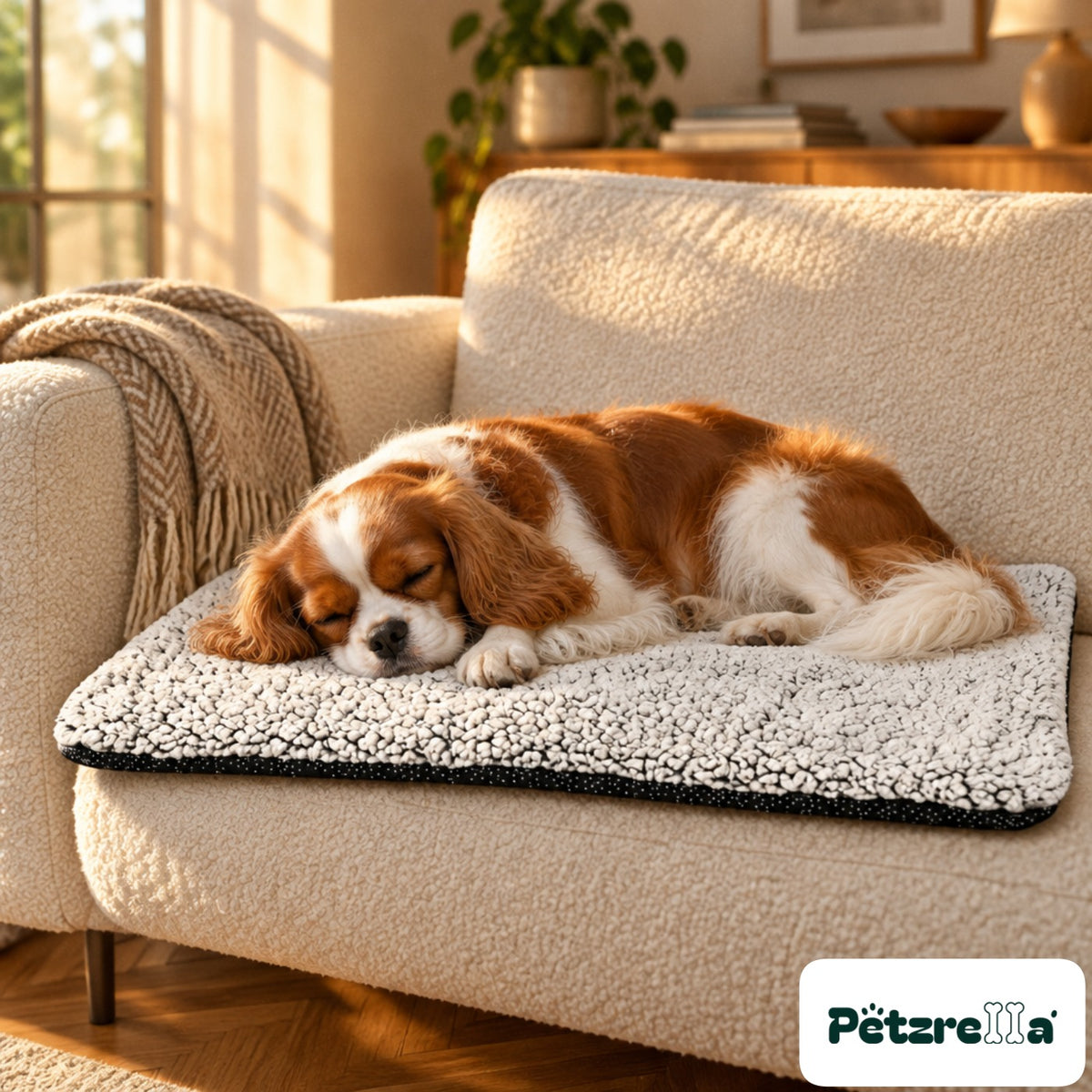 Petzrella Self-Heating Pet Blanket on a sofa with a spaniel asleep