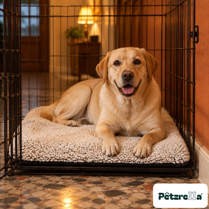 Petzrella Self-Heating Pet Blanket in a dog crate with a Labrador
