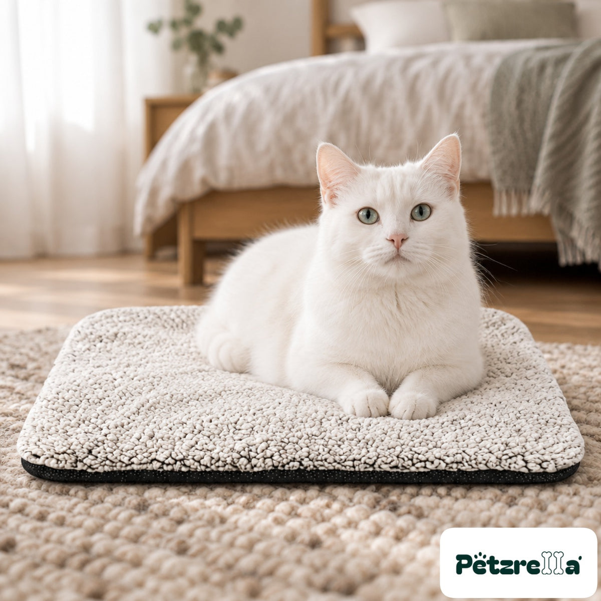 Petzrella Self-Heating Pet Blanket with a white cat sitting on it