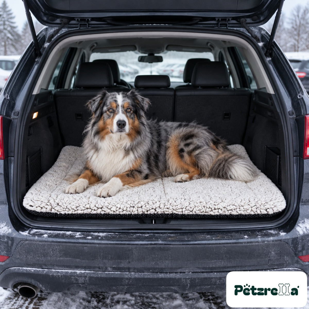 Petzrella Self-Heating Pet Blanket in a car boot with dogs lying on it