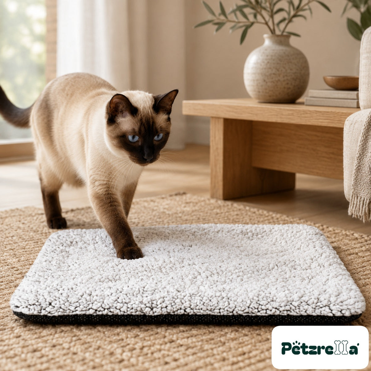 Petzrella Self-Heating Pet Blanket with a Siamese cat stepping onto it