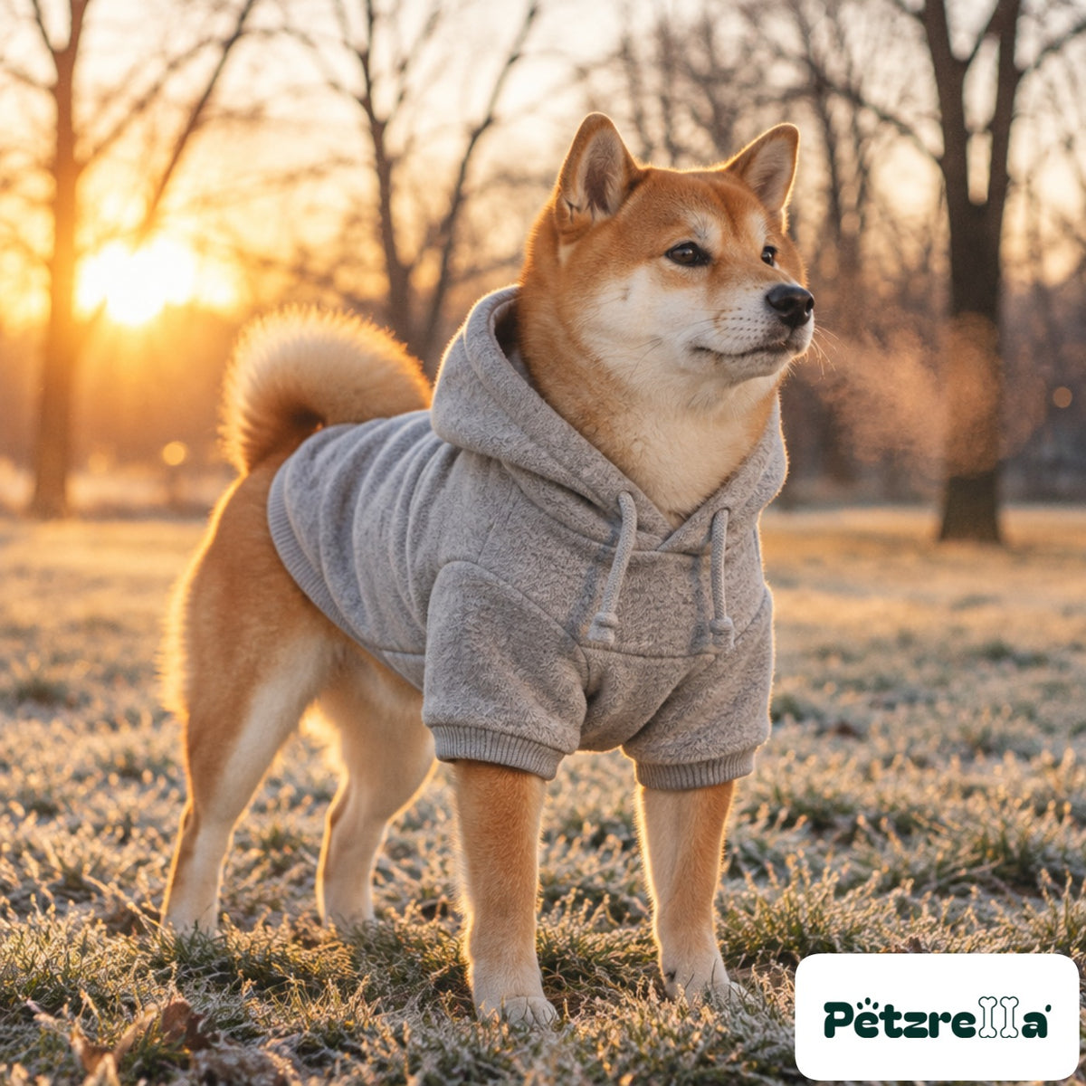 Petzrella Fleece Dog Hoodie on a Shiba Inu on a frosty lawn