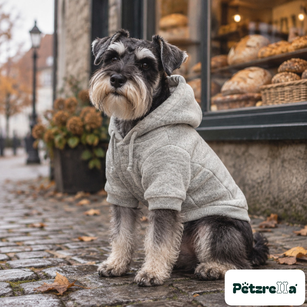 Petzrella Fleece Dog Hoodie on a schnauzer on a cobbled street