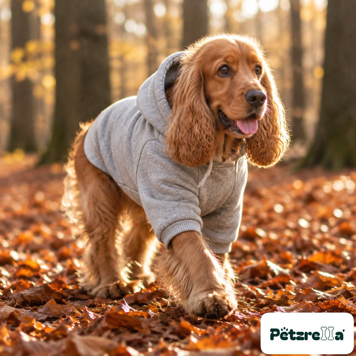 Petzrella Fleece Dog Hoodie on a cocker spaniel in autumn leaves