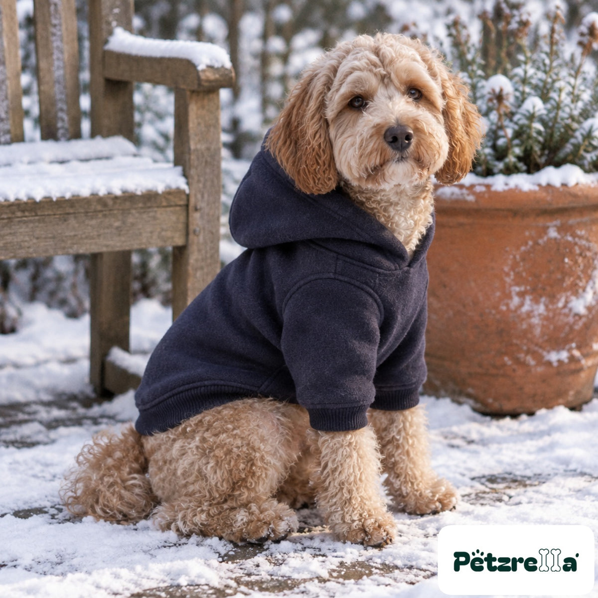 Petzrella Fleece Dog Hoodie in navy on a poodle mix on a snowy terrace