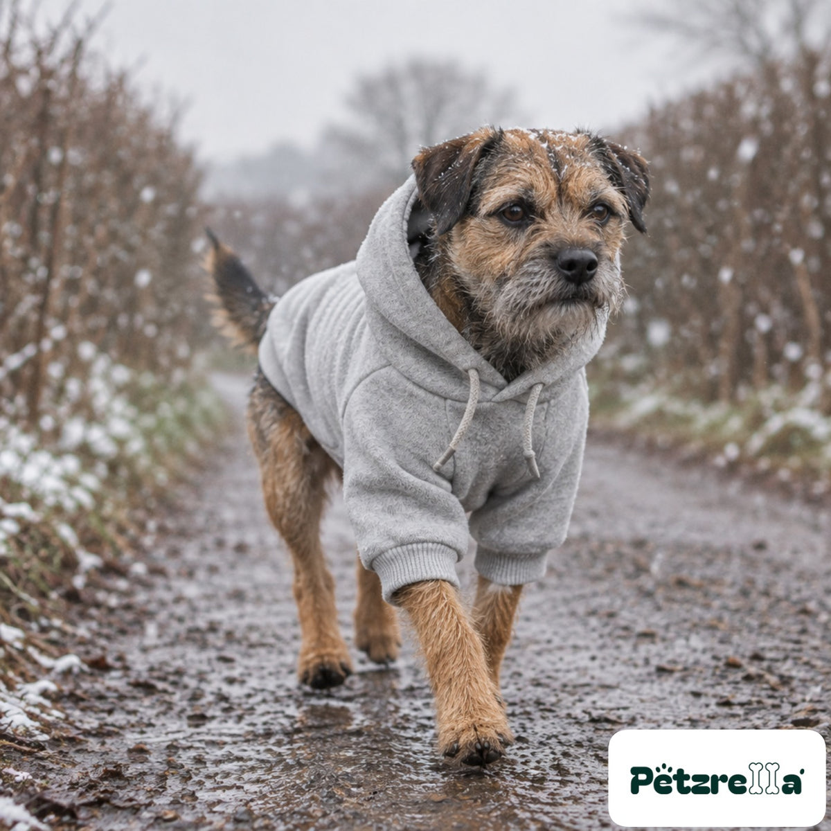 Petzrella Fleece Dog Hoodie on a terrier on a country lane in snowfall