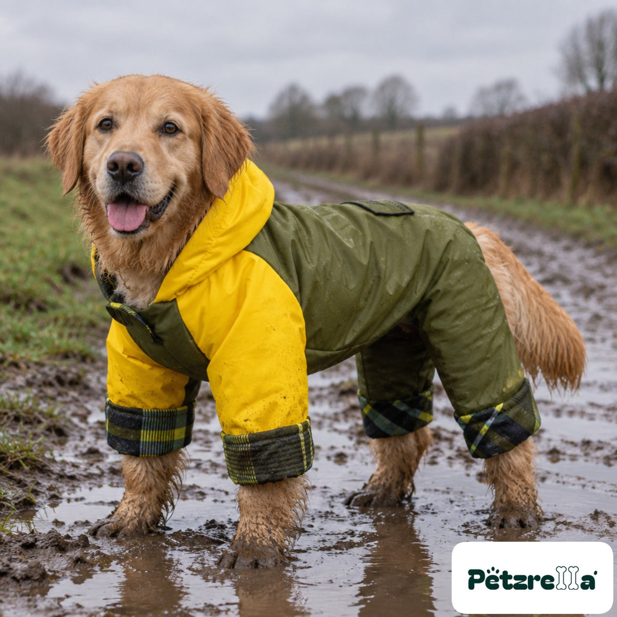 Petzrella Waterproof Dog Jumpsuit on a Golden Retriever on a muddy track